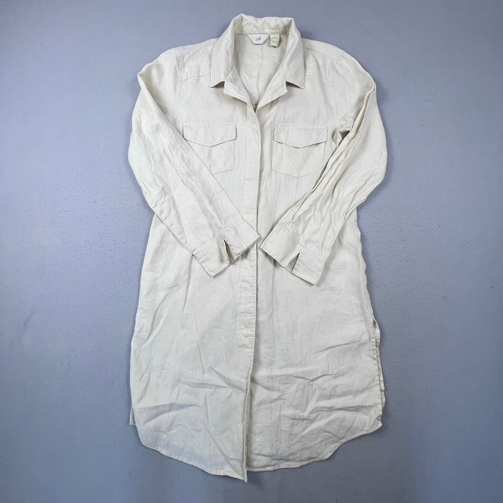 J. Jill Linen Shirt Dress Womens 8 Cream Long Sleeve‎ Button Front Coastal Boho